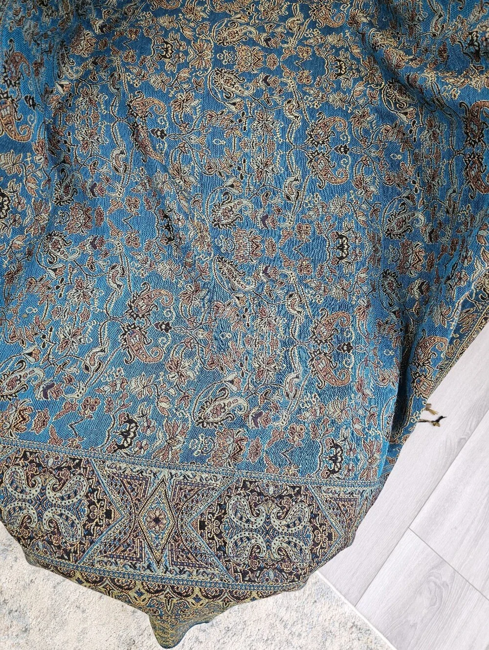 Vintage-Style Teal & Gold Paisley Oversized Throw Blanket / Bedspread (86
